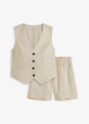 Kamizelka i szorty z mieszanki lnu. Brązowe kamizelki damskie bonprix, bez wzorów, eleganckie. Za 189.99 zł.