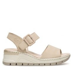 Sandały Rieker. Brązowe sandały damskie Rieker, bez wzorów, bez obcasa, na koturnie. Za 289.99 zł.