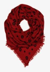 Czerwony Szalik z Frędzlami i Geometrycznym Wzorem Nomisya. Czerwone szaliki i kominy damskie Born2be, bez wzorów. Za 39.99 zł.