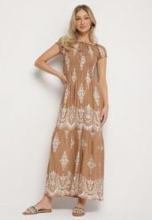 Ciemnobeżowa Wiskozowa Sukienka z Marszczoną Góra i Wzorem Boho Ellifae. Brązowe sukienki damskie Born2be, na spotkanie biznesowe, l, z aplikacjami, z wiskozy, boho, bez kołnierzyka, bez ramiączek, maxi. W wyprzedaży za 59.99 zł.