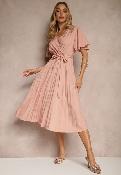 Różowa Sukienka Wiązana w Talii z Plisowaniem na Dole Dorseki. Czerwone sukienki damskie Renee, l, bez wzorów, eleganckie, bez kołnierzyka, bez ramiączek, midi, kopertowe. Za 59.99 zł.