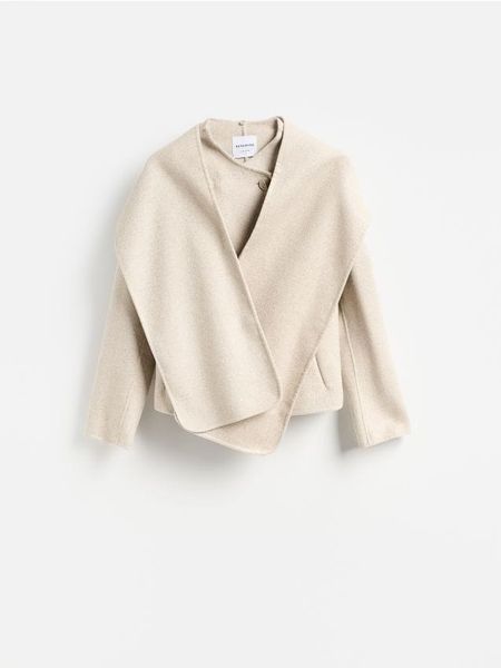 Flauszowa kurtka z wełną - złamana biel. Kurtki damskie Reserved, l, bez wzorów, z tkaniny, bez kaptura. Za 359.99 zł.