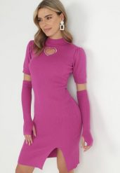 Fioletowa Dzianinowa Sukienka z Wycięciem w Kształcie Serca i Długimi Rękawiczkami Ghim. Fioletowe sukienki damskie Born2be, na imprezę, bez wzorów, z dzianiny, bez kołnierzyka, bez ramiączek, mini, dopasowane. Za 69.99 zł.