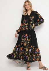 Czarna Wiskozowa Sukienka o Rozkloszowanym Kroju w Kwiaty Cleolia. Czarne sukienki damskie Born2be, na co dzień, l, bez wzorów, z wiskozy, eleganckie, bez kołnierzyka, bez ramiączek, maxi, rozkloszowane. W wyprzedaży za 87.99 zł.