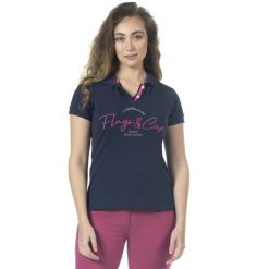 Dziewczyna jeżdżąca w polo Flags&Cup Salta. Niebieskie koszulki dziewczęce FLAGS&CUP, z aplikacjami, z bawełny, bez ramiączek. Za 225.50 zł.