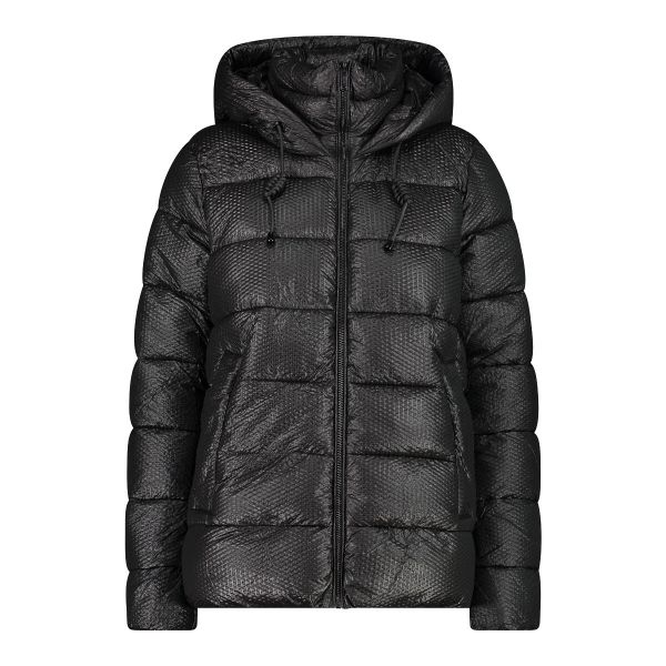 Kurtka puchowa z kapturem z efektem 3D dla kobiet CMP. Czarne kurtki damskie CMP, bez wzorów, z puchu, z kapturem. Za 784.90 zł.