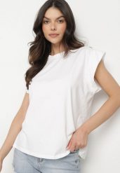 Biały Bawełniany Top z Falbanką przy Ramionach Galantia. Białe topy damskie Born2be, s, bez wzorów, z bawełny, bez kołnierzyka. Za 59.99 zł.