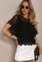 Czarna Koronkowa Bluzka w Stylu Boho Raspia. Czarne bluzki damskie Renee, s, bez wzorów, z koronki, boho, bez kołnierzyka, bez ramiączek. Za 49.99 zł.