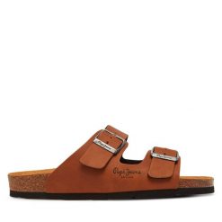 Klapki Pepe Jeans. Brązowe klapki damskie Pepe Jeans, bez wzorów, z jeansu, bez obcasa. Za 219.99 zł.