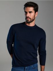 Sweter - granatowy. Niebieskie swetry męskie Sinsay, l, bez wzorów, z bawełny, bez kołnierzyka. Za 19.99 zł.