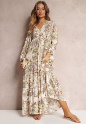 Biało-Beżowa Sukienka Oversize w Kwiaty Iophne. Białe sukienki damskie Renee, na lato, l, bez wzorów, bez kołnierzyka, bez ramiączek, maxi, oversize. W wyprzedaży za 59.49 zł.
