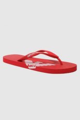 EMPORIO ARMANI Czerwone japonki z białym logo, Rozmiar 41. Czerwone klapki damskie Emporio Armani, bez wzorów, bez obcasa. W wyprzedaży za 190.99 zł.