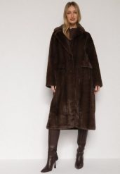 Brązowy Płaszcz Futerko o Kroju Oversize z Kieszeniami z Klapami Namys. Brązowe płaszcze damskie Born2be, l, bez wzorów, z futra. Za 289.99 zł.