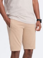Dresowe męskie szorty bawełniane BASIC – beżowe V6 - Rozmiar: S. Brązowe szorty męskie Ombre Clothing, bez wzorów, z bawełny, sportowe. W wyprzedaży za 49.99 zł.