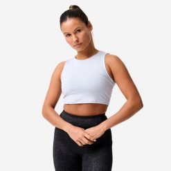 Koszulka fitness damska Domyos bez rękawów crop top. Niebieskie bluzki sportowe damskie DOMYOS, l, bez wzorów, z elastanu, bez ramiączek. Za 29.99 zł.