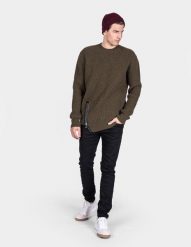 Les Hommes Sweter | LJK106-656U | Round Neck Sweater With Asymetric Zip | Mężczyzna | Khaki. Brązowe swetry męskie Les Hommes, m, bez wzorów, z wełny, bez kołnierzyka. W wyprzedaży za 549.00 zł.