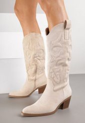 Beżowe Kozaki Typu Kowbojki w Klasycznym Stylu z Imitacji Zamszu Rilamira. Brązowe kozaki damskie Renee, z jeansu, bez obcasa, na obcasie. Za 169.99 zł.