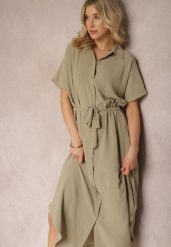 Zielona Koszulowa Sukienka z Wiskozy z Materiałowym Paskiem w Talii Gialara. Zielone sukienki damskie Renee, na co dzień, l, bez wzorów, z materiału, eleganckie, bez kołnierzyka, bez ramiączek, maxi, koszulowe. Za 79.99 zł.