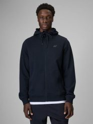 4F Bluza dresowa regular z kapturem męska - granatowa M. Niebieskie bluzy sportowe męskie 4f, bez wzorów, z dresówki, sportowe, bez kołnierzyka, bez ramiączek. Za 169.99 zł.