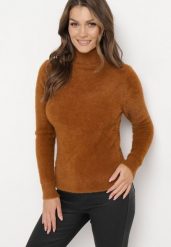 Brązowy Elastyczny Golf z Puszystej Tkaniny z Wełną Doulcet. Brązowe golfy damskie Born2be, l, bez wzorów, z materiału, bez ramiączek. Za 49.99 zł.