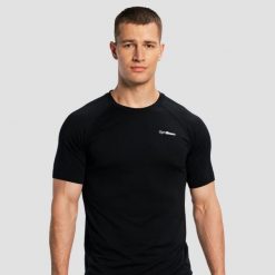 Koszulka męska bieganie bezszwowa czarna Pulse X. Czarne t-shirty sportowe męskie GYMBEAM, m, z materiału, bez ramiączek, do biegania. Za 67.90 zł.