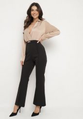 Czarno-Beżowy Elegancki Kombinezon z Kopertową Górą i Szerokim Dołem Boleeti. Czarne kombinezony damskie Born2be, l, bez wzorów, eleganckie, bez kołnierzyka, bez ramiączek. Za 109.99 zł.