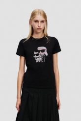 KARL LAGERFELD Сzarny damski t-shirt z cyrkoniami Ikon Duo. Czarne t-shirty damskie Karl Lagerfeld, s, bez wzorów, bez kołnierzyka. W wyprzedaży za 279.99 zł.
