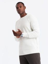Sweter męski raglan z prążkowanymi rękawami – biały V1 OM-SWSW-0144 - XXL. Białe swetry męskie Ombre Clothing, l, z aplikacjami, z bawełny, bez kołnierzyka. W wyprzedaży za 79.99 zł.