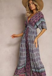 Fioletowo-Niebieska Sukienka w Stylu Etnicznym z Gumką w Pasie Wiązana na Plecach Lixara. Fioletowe sukienki damskie Renee, l, bez wzorów, boho, bez kołnierzyka, bez ramiączek, maxi, oversize. W wyprzedaży za 62.99 zł.