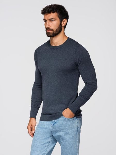 Sweter klasyczny męski z wiskozą BASIC z okrągłym dekoltem – granatowy melanż V16 - Rozmiar: XXL. Niebieskie swetry męskie Ombre Clothing, m, bez wzorów, z dzianiny, bez kołnierzyka. W wyprzedaży za 89.99 zł.
