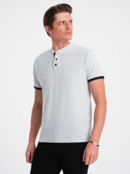 Męska koszulka polo bez kołnierzyka - jasnoszara V10 OM-TSCT-0156 - XL. Szare koszulki polo męskie Ombre Clothing, m, bez wzorów, z bawełny, bez ramiączek. W wyprzedaży za 39.99 zł.
