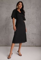 Czarna Zwiewna Sukienka Wieczorowa VICES z Aplikacją 3D w Kształcie Kwiatu Themira. Czarne sukienki damskie Renee, l, z aplikacjami, eleganckie, bez kołnierzyka, bez ramiączek, midi, kopertowe. Za 169.99 zł.