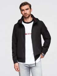 Kurtka męska z kapturem i wysoką stójką - czarna V1 - Rozmiar: S. Czarne kurtki męskie Ombre Clothing, m, bez wzorów, z materiału, z kapturem. Za 299.99 zł.