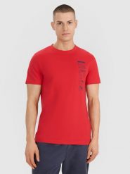 4F T-shirt regular z nadrukiem męski - czerwony S. Czerwone t-shirty męskie 4f, m, bez wzorów, z bawełny, bez kołnierzyka. Za 49.99 zł.