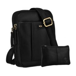 Czarna, męska torba skórzana na ramię w zestawie z saszetką na klucze - Peterson. Czarne torby męskie na ramię Peterson, bez wzorów, ze skóry, na ramię. Za 179.99 zł.