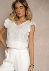 Biała Ażurowa Bluzka z Bawełny Ozdobiona Falbankami Ridilane. Białe bluzki damskie Renee, l, w ażurowe wzory, z bawełny, eleganckie, bez kołnierzyka, bez ramiączek. Za 44.99 zł.