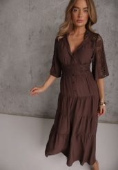 Brązowa Boho Sukienka z Wiskozą o Rozkloszowanym Kroju z Ażurowymi Wstawkami Idacea. Brązowe sukienki damskie Renee, l, w ażurowe wzory, z wiskozy, boho, bez kołnierzyka, bez ramiączek, maxi, rozkloszowane. Za 199.99 zł.