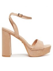 DeeZee Sandały F20074-2 Beżowy. Brązowe sandały damskie DeeZee, bez wzorów, z materiału, bez obcasa, na słupku. Za 149.99 zł.