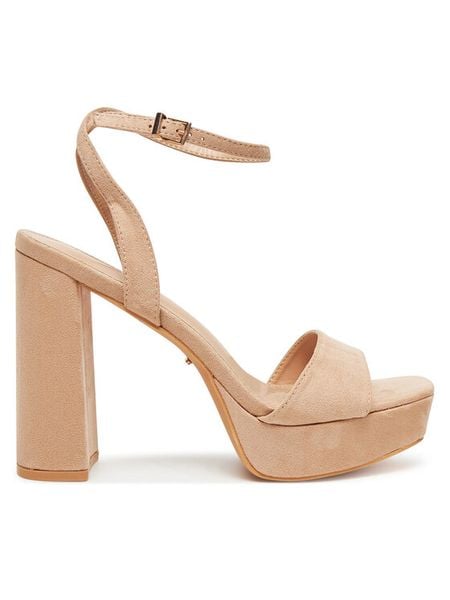 DeeZee Sandały F20074-2 Beżowy. Brązowe sandały damskie DeeZee, bez wzorów, z materiału, bez obcasa, na słupku. Za 149.99 zł.