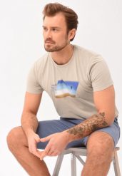 T-shirt z printem T-NAVI. Brązowe t-shirty męskie Volcano, na lato, l, bez wzorów, z bawełny, bez kołnierzyka. Za 59.99 zł.