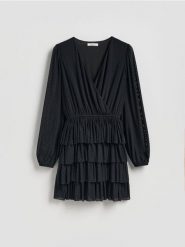 Sukienka mini w groszki - czarny. Czarne sukienki damskie Reserved, l, bez wzorów, z dzianiny, bez kołnierzyka, bez ramiączek, mini, rozkloszowane. Za 139.99 zł.