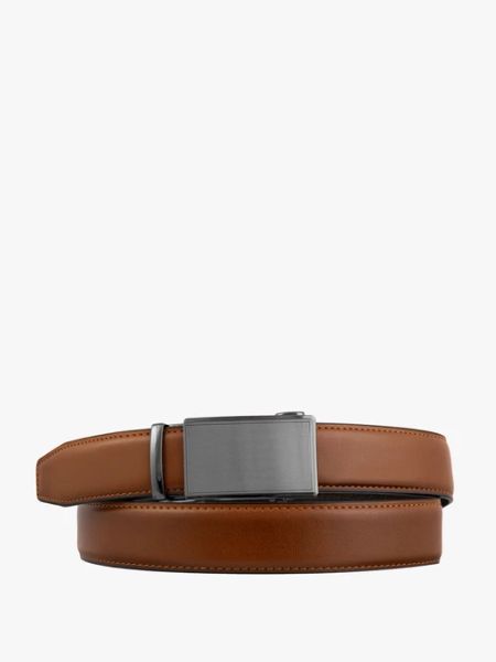 Rudy pasek ze skóry licowej. Brązowe paski męskie Ryłko, bez wzorów, ze skóry, klasyczne. Za 129.99 zł.