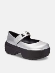 Crocs Baleriny "Stomp Metallic Jane" w kolorze srebrno-białym rozmiar: 37/38. Czarne baleriny damskie Crocs, bez wzorów, bez obcasa, na platformie. Za 267.92 zł.