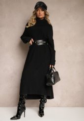 Czarna Sweterkowa Sukienka z Wiskozą z Golfem i Eleganckimi Rozcięciami Elettrina. Czarne sukienki damskie Renee, na co dzień, s, bez wzorów, z wiskozy, eleganckie, bez kołnierzyka, bez ramiączek, midi. W wyprzedaży za 83.99 zł.