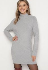 Szara Dzianinowa Sukienka o Pudełkowym Kroju z Golfem Sinelina. Szare sukienki damskie Born2be, na co dzień, l, bez wzorów, z dzianiny, eleganckie, bez kołnierzyka, bez ramiączek, mini, dopasowane. W wyprzedaży za 71.99 zł.
