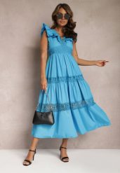 Niebieska Rozkloszowana Sukienka Maxi z Koronką i Wiązaniem na Plecach Iofia. Niebieskie sukienki damskie Renee, na imprezę, m, w ażurowe wzory, z koronki, eleganckie, bez kołnierzyka, bez ramiączek, maxi, rozkloszowane. W wyprzedaży za 191.99 zł.