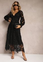 Czarna Rozkloszowana Sukienka Retro z Ażurowej Koronki Meliris. Czarne sukienki damskie Renee, na imprezę, m, w ażurowe wzory, z koronki, eleganckie, bez kołnierzyka, bez ramiączek, midi, rozkloszowane. W wyprzedaży za 223.99 zł.