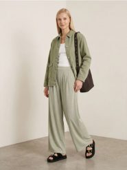 Spodnie wide leg z błyszczącą lureksową nicią - zielony. Zielone spodnie materiałowe damskie Sinsay, bez wzorów. Za 49.99 zł.