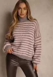 Szaro-Różowy Golf z Dodatkiem Wełny Ozdobiony Paskami Monarria. Szare golfy damskie Renee, bez wzorów, z jeansu, bez ramiączek. Za 169.99 zł.