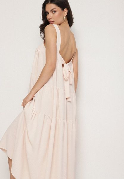 Beżowa Sukienka o Rozkloszowanym Kroju z Wiązaniem z Tyłu Savinelle. Brązowe sukienki damskie Born2be, na co dzień, na lato, bez wzorów, eleganckie, bez kołnierzyka, bez ramiączek, rozkloszowane. Za 79.99 zł.